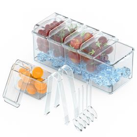 Ice Chilled Condiment Caddy Serving Tray Container Bar Garnish Holder Salad Platter Server Food Storage with 5 Removable Containers 5 Lids 2 Tong